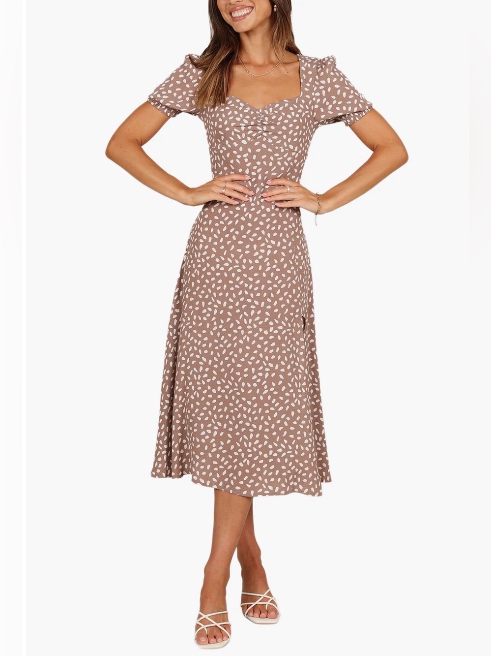 Petal & Pup Taupe Abstract Print Midi Dress US 10 Sweetheart Neckline
